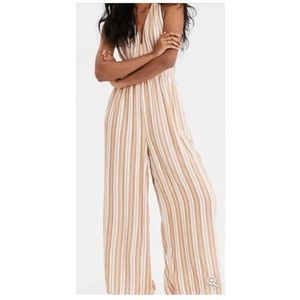 American Eagle Stripe Halter Wide Leg Romper Jumpsuit